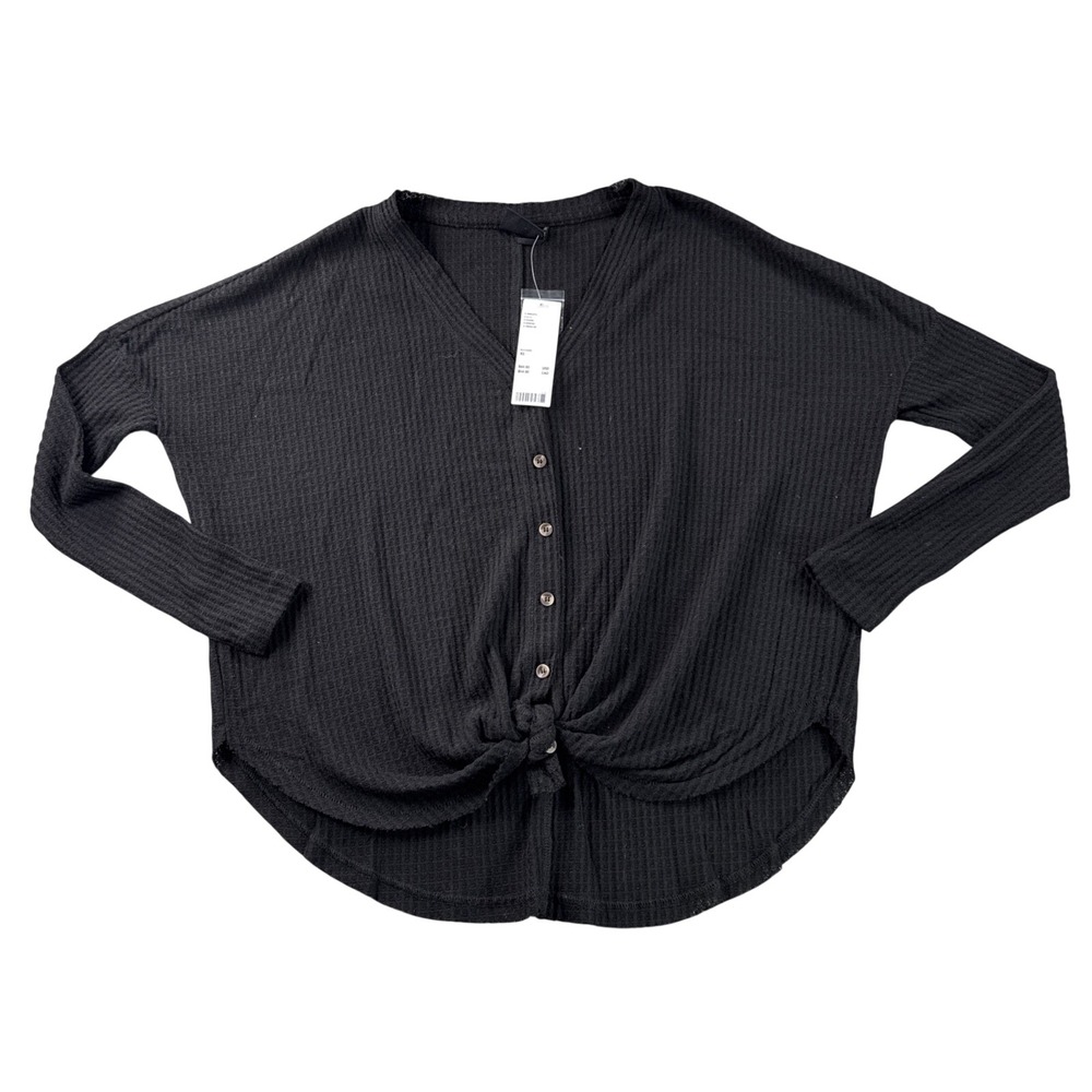 Out from Under Top Womens XS Black Waffle Knit Button Up Tie Front Oversized NWT